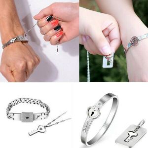 Infinite Love מתנות לבישות Couple Titanium Steel Lock Bangle Bracelet & Key Pendant Necklace Love Sets Gift